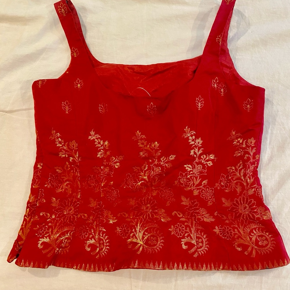 Ann Taylor Red Gold Floral Silk Sleeveless Scoop Neck Tank Top